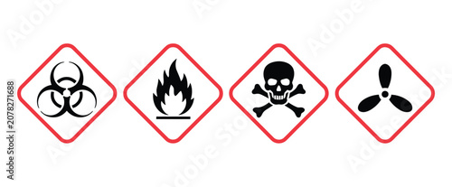 hazard warning symbol set of four icons including biohazard, flammable, toxic and corrosive signs, industrial safety and chemical risk indicators, clean modern vector illustration isolated on white ba