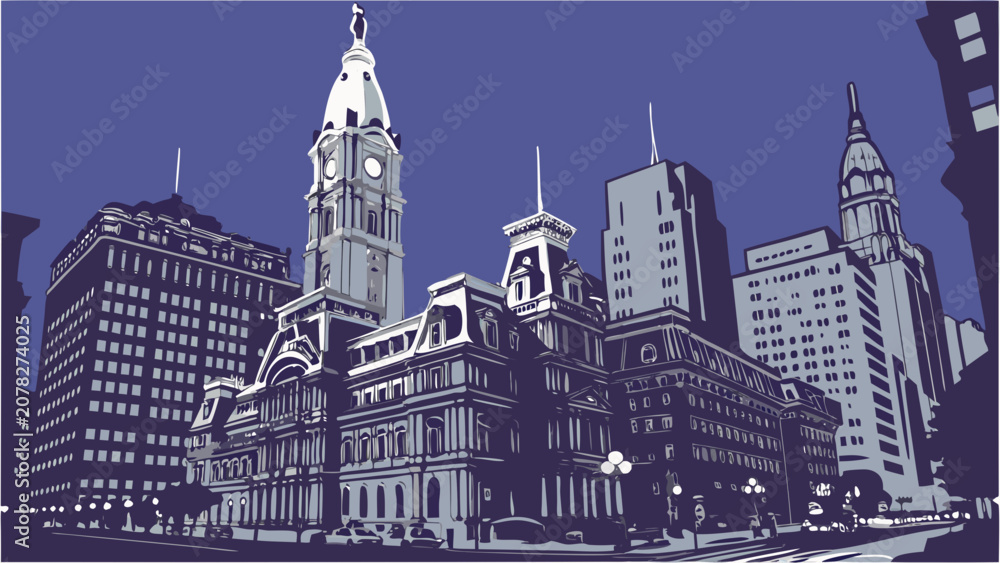 Fototapeta premium Philadelphia city hall and urban buildings under a dark blue sky