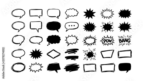 Collection of black speech bubbles and comic style burst effects for graphic projects.