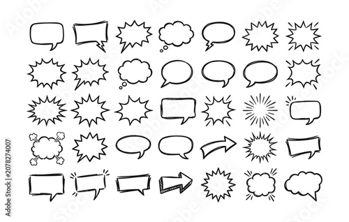 Hand drawn speech bubbles set with doodle style talk clouds and comic communication shape.