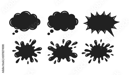 Black silhouette ink splash and cloud speech bubbles set with hand drawn comic art style.