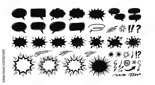 Comic speech bubbles set with black silhouette talk clouds and hand drawn design element.