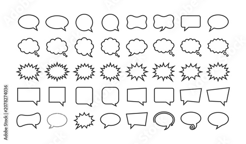 Collection of black line art speech bubbles, different shapes for text and communication design.