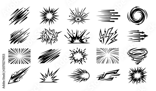 Set of speed lines, comic book elements, and explosion effects in black on white background.