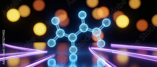 A glowing molecular structure model illuminated with blue light stands on a reflective surface against a blurred backdrop of warm bokeh lights.