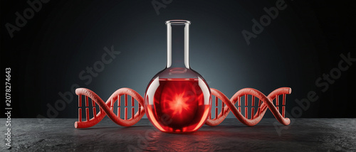 A glowing red liquid-filled flask with a radiant core stands in front of a DNA double helix on a dark, textured surface.