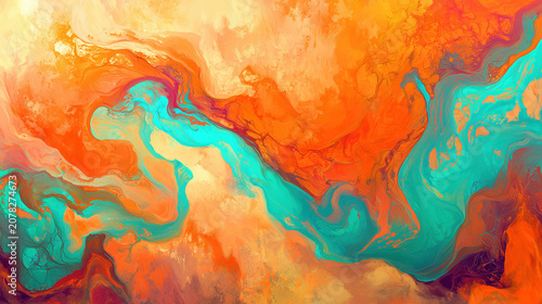Abstract fluid art wallpaper featuring vibrant orange and teal swirls