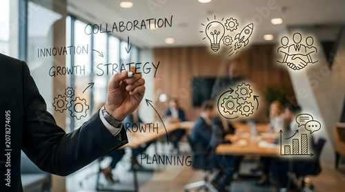 A businessman outlines strategic concepts like collaboration, innovation, and growth on a transparent board during an office meeting with colleagues.
