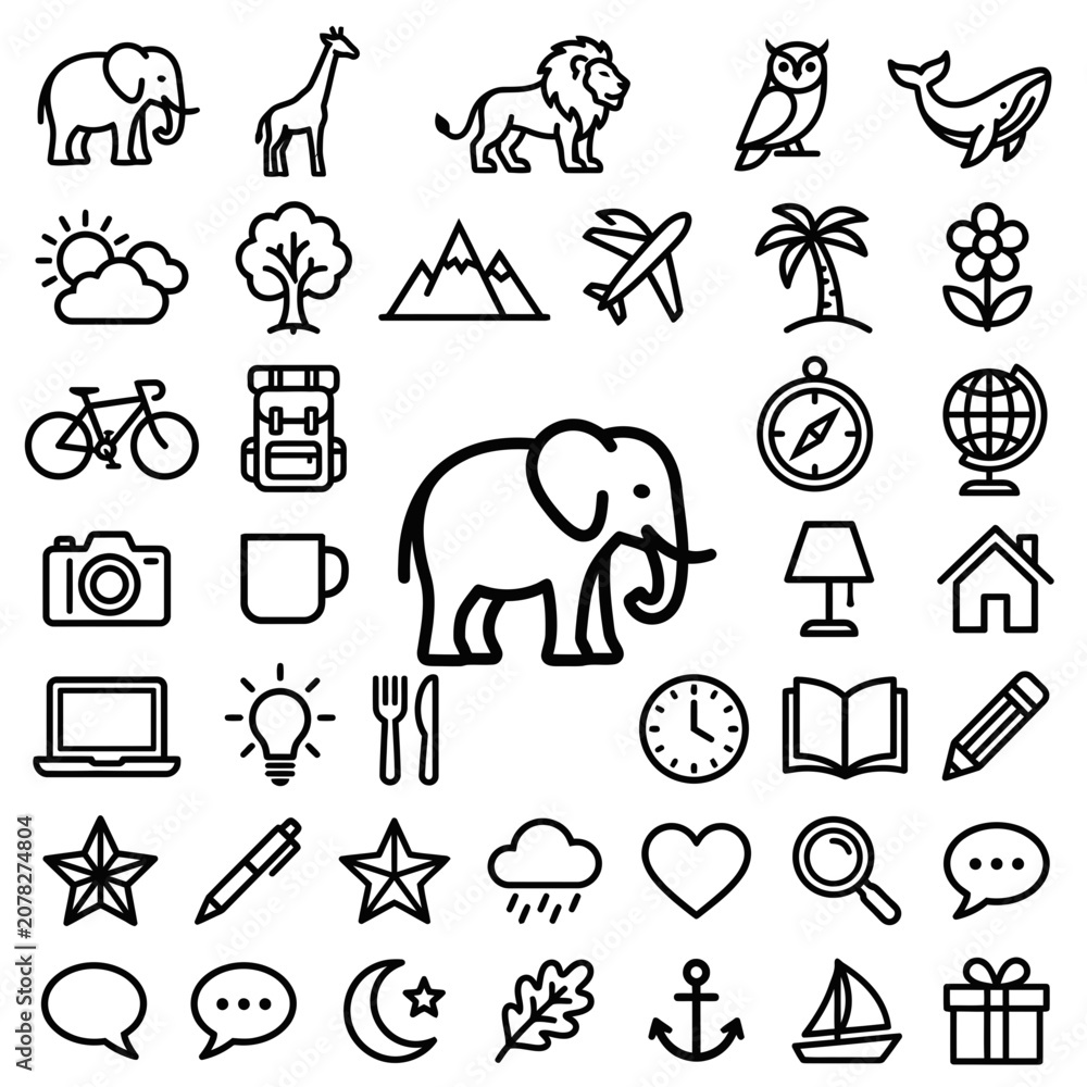 Fototapeta premium Set of Outline Icons: Animals, Travel, Nature, Business, Lifestyle, Objects