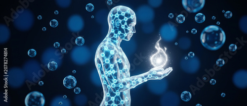 A digital humanoid figure holding a glowing, fiery orb, surrounded by floating bubbles in a dark, futuristic, and abstract environment.