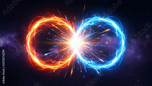 Glowing orange and blue energy infinity rings colliding with sparkling burst in cosmic space Toward Innovation Perfect for technology advertising background and banner
