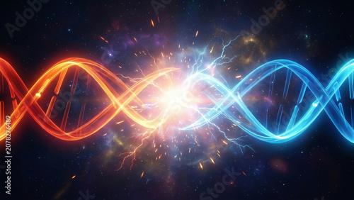 Glowing orange and blue DNA double helix strands colliding with electric burst in cosmic space Toward Innovation Perfect for science advertising background and banner