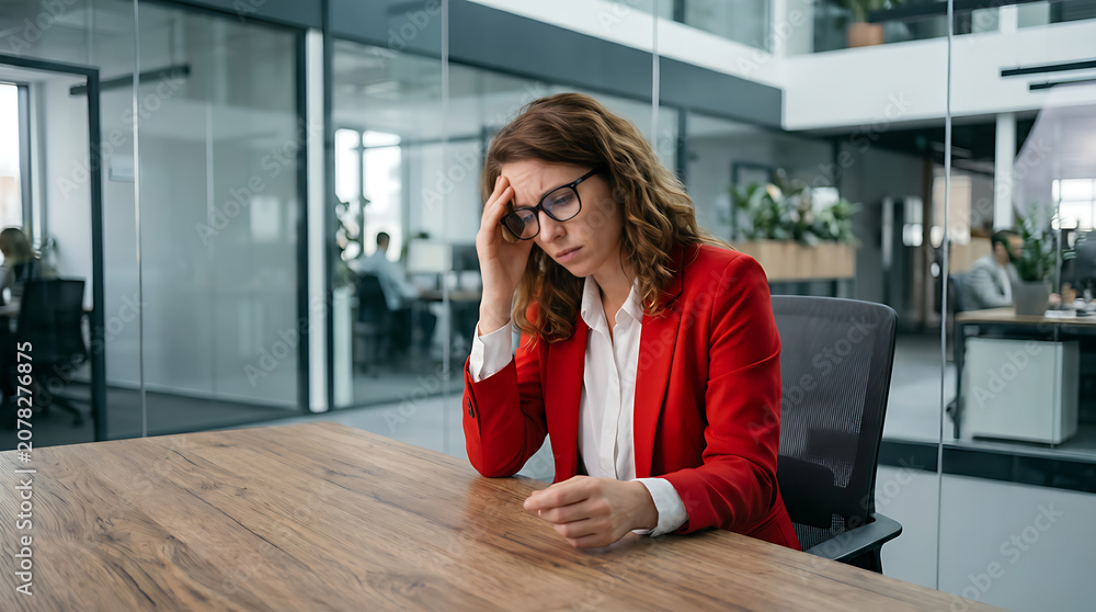 Fototapeta premium Stressed Businesswoman Sitting at Office Desk with Headache, Tired Female Professional Facing Workplace Stress, Mental Fatigue, Burnout and Corporate Work Pressure