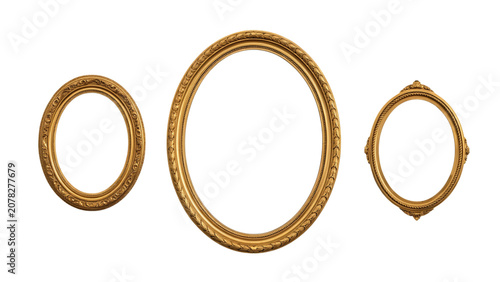 Three ornate gold vintage oval picture frames with decorative carvings