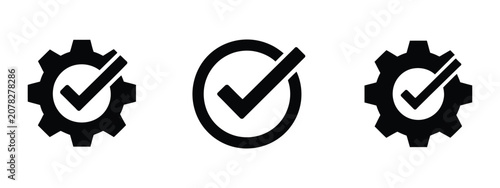 Photos System settings and process verification icons showing gear wheels with check ma