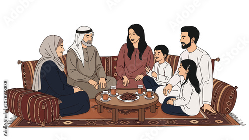 A Middle Eastern family gathered together.