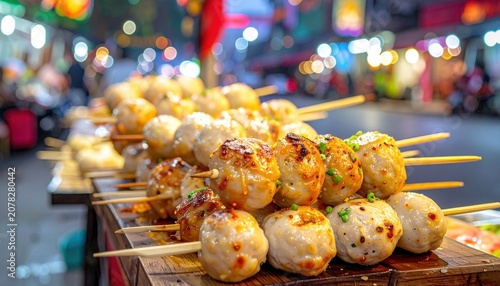 Grilled meatballs on skewers at market.