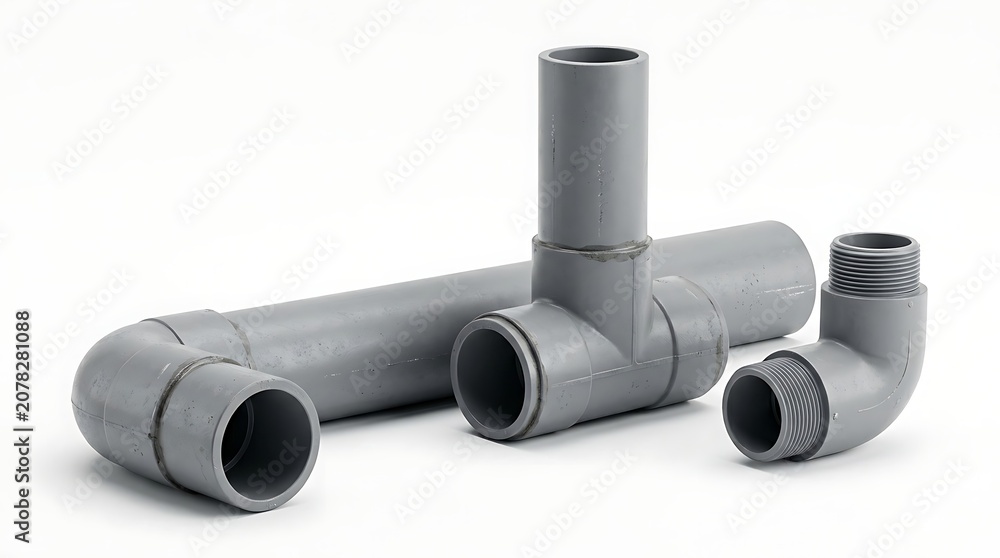 Fototapeta premium Set of gray industrial pvc plumbing pipe connectors and fittings with plumbing connector industrial junction