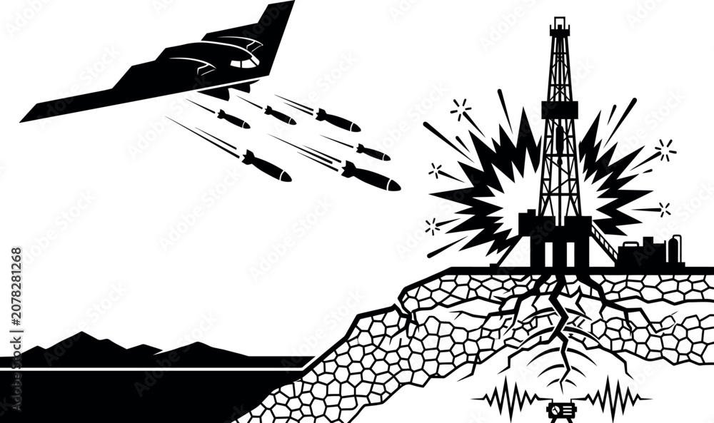 Fototapeta premium Stealth Bomber Attacking Oil Rig Platform with Explosions and Seismic Activity, Military Air Strike on Energy Infrastructure, Conflict over Natural Resources, Vector Illustration.