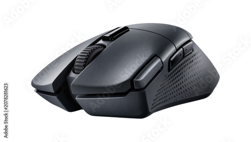 Isolated modern dark ergonomic wireless gaming mouse for professional e-sports and computer use