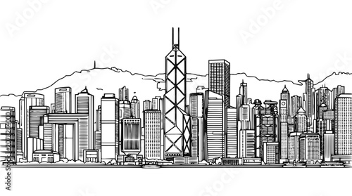 Hong Kong Skyline Hand-Drawn Sketch Illustration with Modern Skyscrapers and Victoria Peak