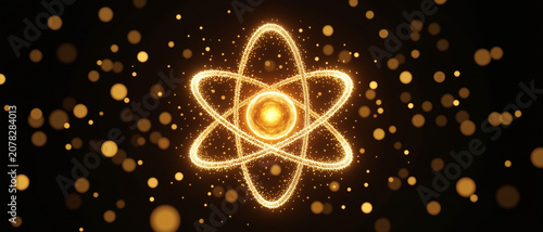 Glowing golden atom model with orbiting electrons, surrounded by sparkling particles on a dark background.