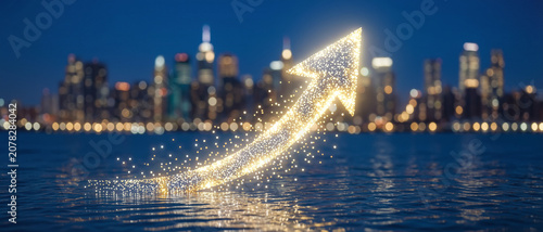 A glowing arrow rises from water with a city skyline blurred in the background, symbolizing growth or progress at night.