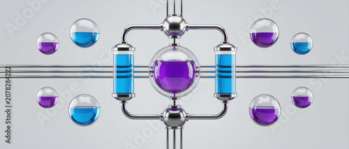A digital illustration of interconnected glass tubes and spheres containing blue and purple liquids, representing a chemical or scientific process.