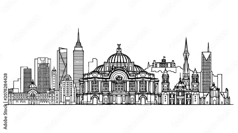 Fototapeta premium Mexico City Skyline Linear Illustration Featuring Palacio de Bellas Artes and Urban Landmarks
