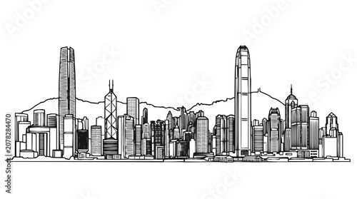 Hong Kong Skyline Vector Line Art Drawing of Famous City Scape Skyscrapers