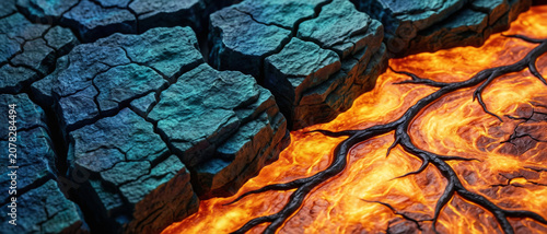 A close-up view of cracked, parched earth with glowing orange lava or molten rock visible beneath the surface.