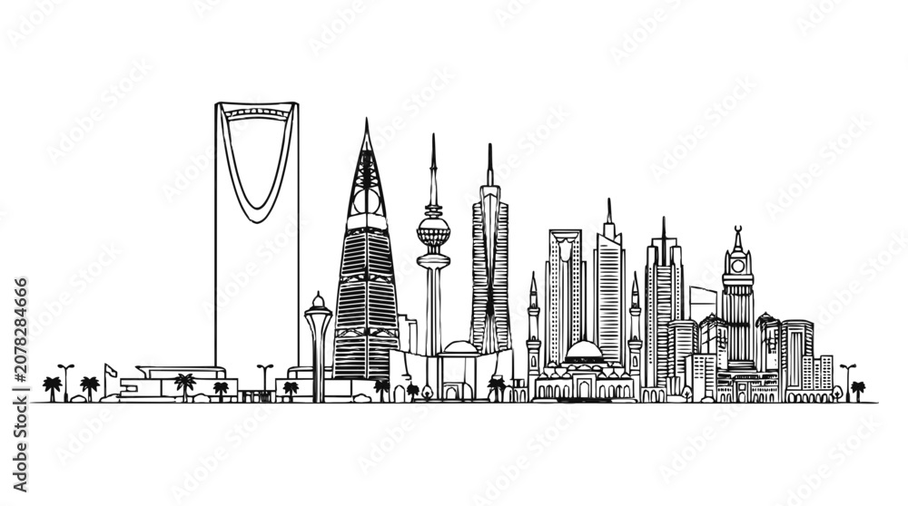 Fototapeta premium Middle East City Skyline Hand Drawn Vector Illustration Sketch Riyadh Skyscrapers
