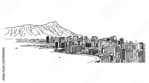 Honolulu Skyline and Diamond Head Hawaii Vector Line Art Drawing