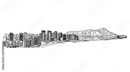 Honolulu Skyline and Diamond Head Hawaii Hand Drawn Line Art Illustration