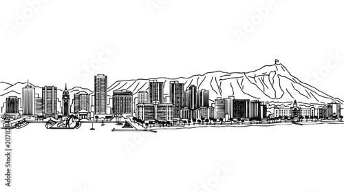 Honolulu Skyline Line Art Illustration with Waikiki Beach and Diamond Head Crater