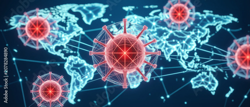 Digital illustration showing coronavirus particles overlaid on a glowing world map, representing global pandemic spread and interconnectedness.