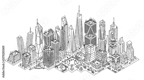 Isometric City Skyline Outline Vector Drawing of Modern Architecture and Skyscrapers