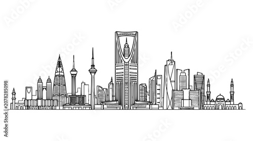 Riyadh Skyline Line Art Illustration, Saudi Arabia Modern Cityscape Panorama Vector