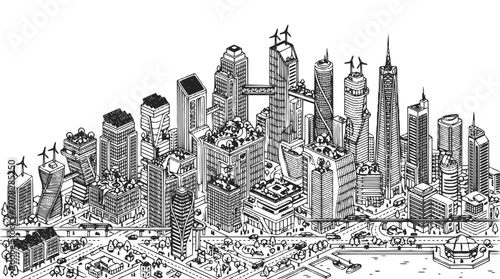 Isometric Eco-Friendly Smart City Illustration with Wind Turbines and Sustainable Skyscrapers