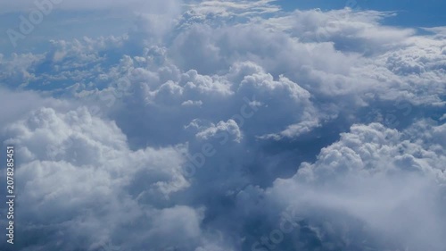 4K Motion landscape sky Aerial view summer tropical blue sky fluffy white cloud summertime sunny day cloudscape. Cumulus blue skyline spring sunlight climate background. Heaven environment
