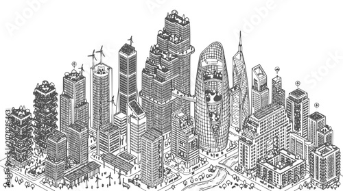 Isometric Eco-Friendly Smart City Illustration with Wind Turbines and Sustainable Skyscrapers