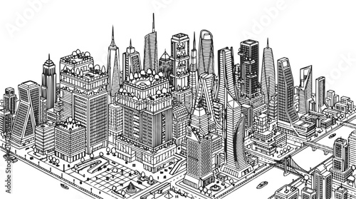 Isometric Futuristic City Sketch Vector, Modern Urban Skyline Architecture Line Art Illustration
