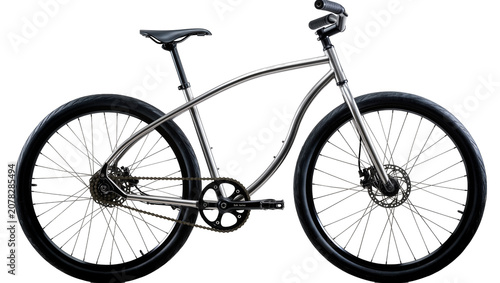 Bilde på lerret Isolated modern urban bicycle with sleek brushed metal frame, black tires, seat,