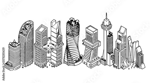 Isometric Futuristic City Skyline Illustration, Modern Skyscraper Black and White Line Art
