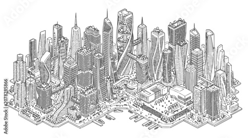 Isometric Futuristic City Sketch, Modern Urban Skyline Illustration with Skyscraper Architecture
