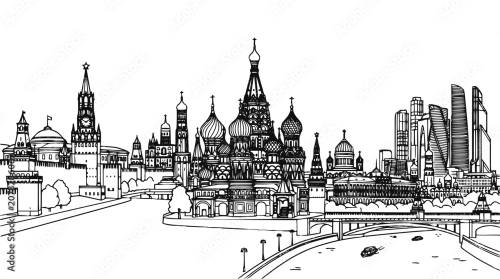 Obraz premium Moscow Cityscape Panorama Sketch with Kremlin, Saint Basil Cathedral and Modern Skyscrapers