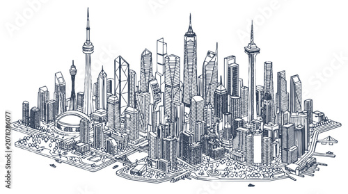 Isometric Sketched Cityscape Illustration of Modern Skyscrapers and Urban Towers on White