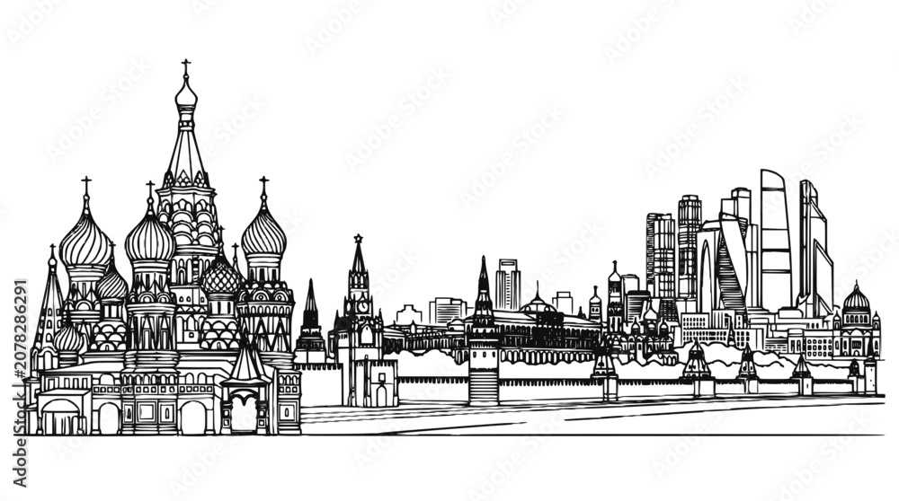 Fototapeta premium Moscow Skyline Sketch with Saint Basil Cathedral and Modern Skyscrapers Vector Illustration