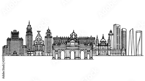 Madrid Skyline Line Art Illustration, Spanish City Landmarks Sketch on White Background