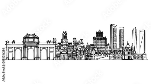 Madrid Spain Skyline Drawing with Puerta de Alcala and Cybele Palace Illustration